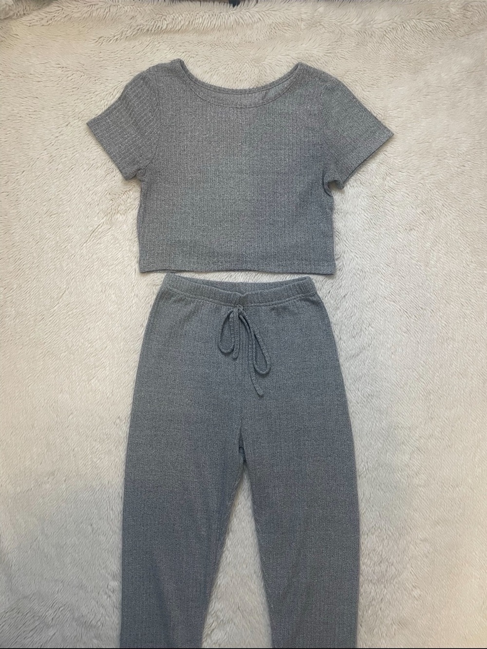Gray Knit Cropped Top and Drawstring Pants Set